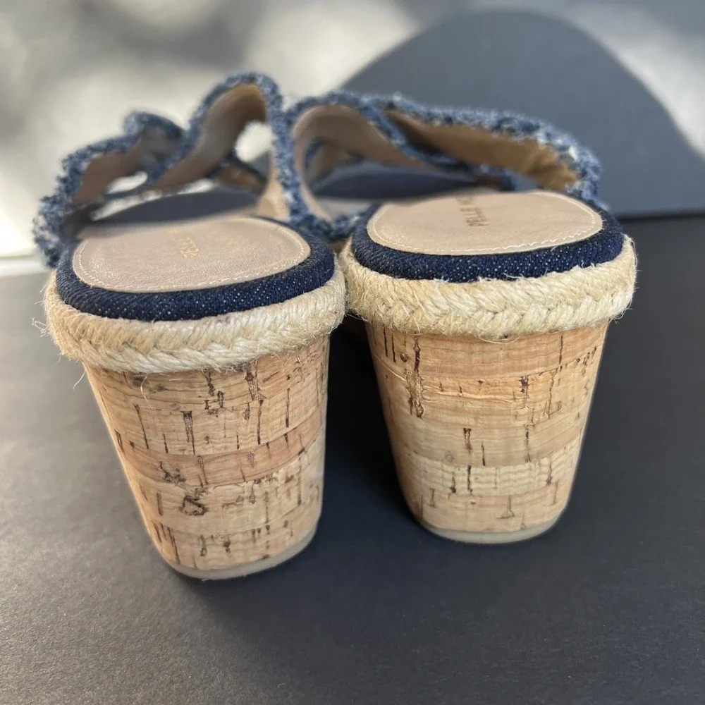 PELLE MODA Denim Frayed Blue Slip On Cork Wedge Espadrille Sandals Shoes Sz 9.5